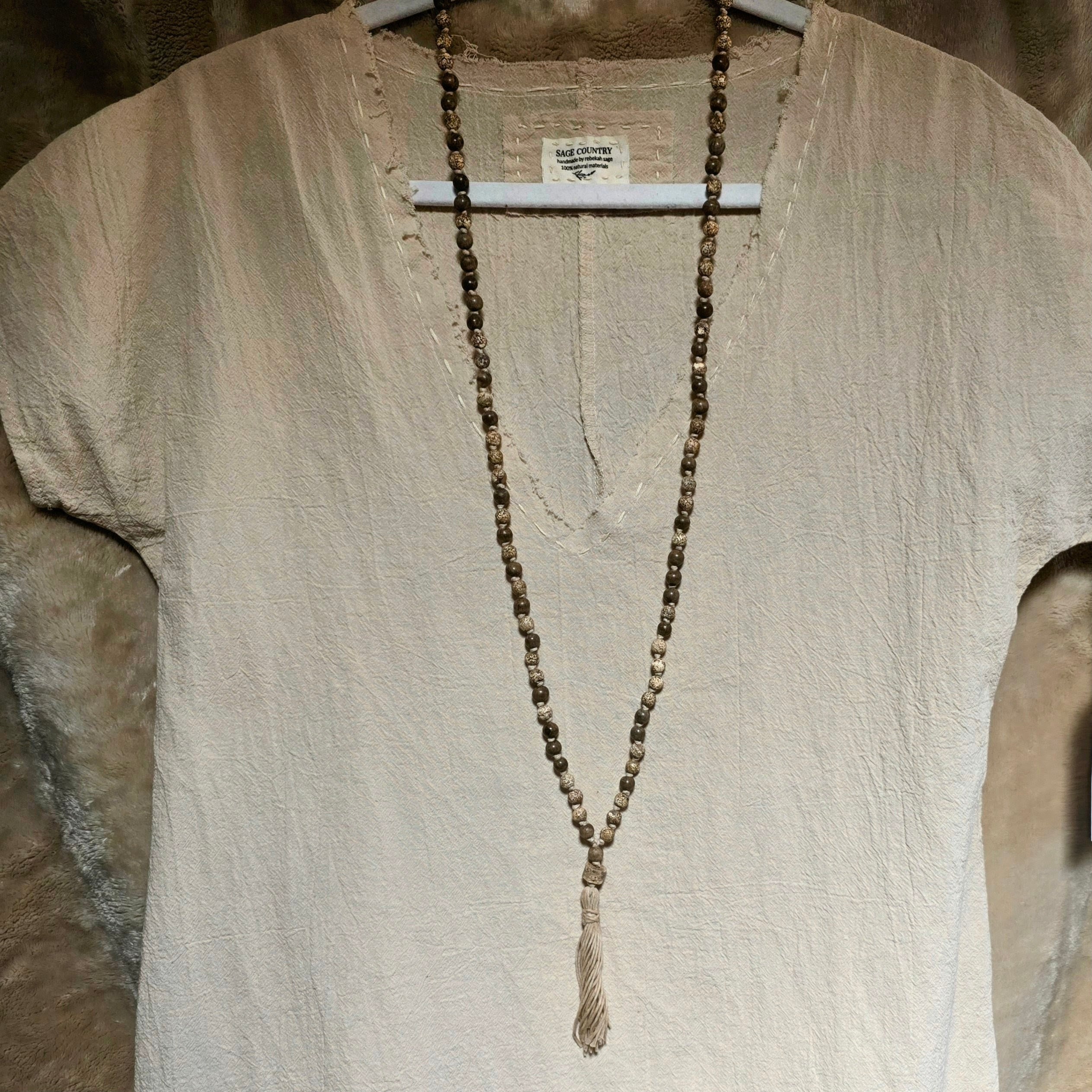 Tibetan Prayer Mala Bead Necklace with Crinoid