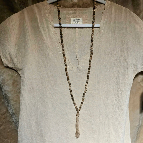 Tibetan Prayer Mala Bead Necklace with Crinoid
