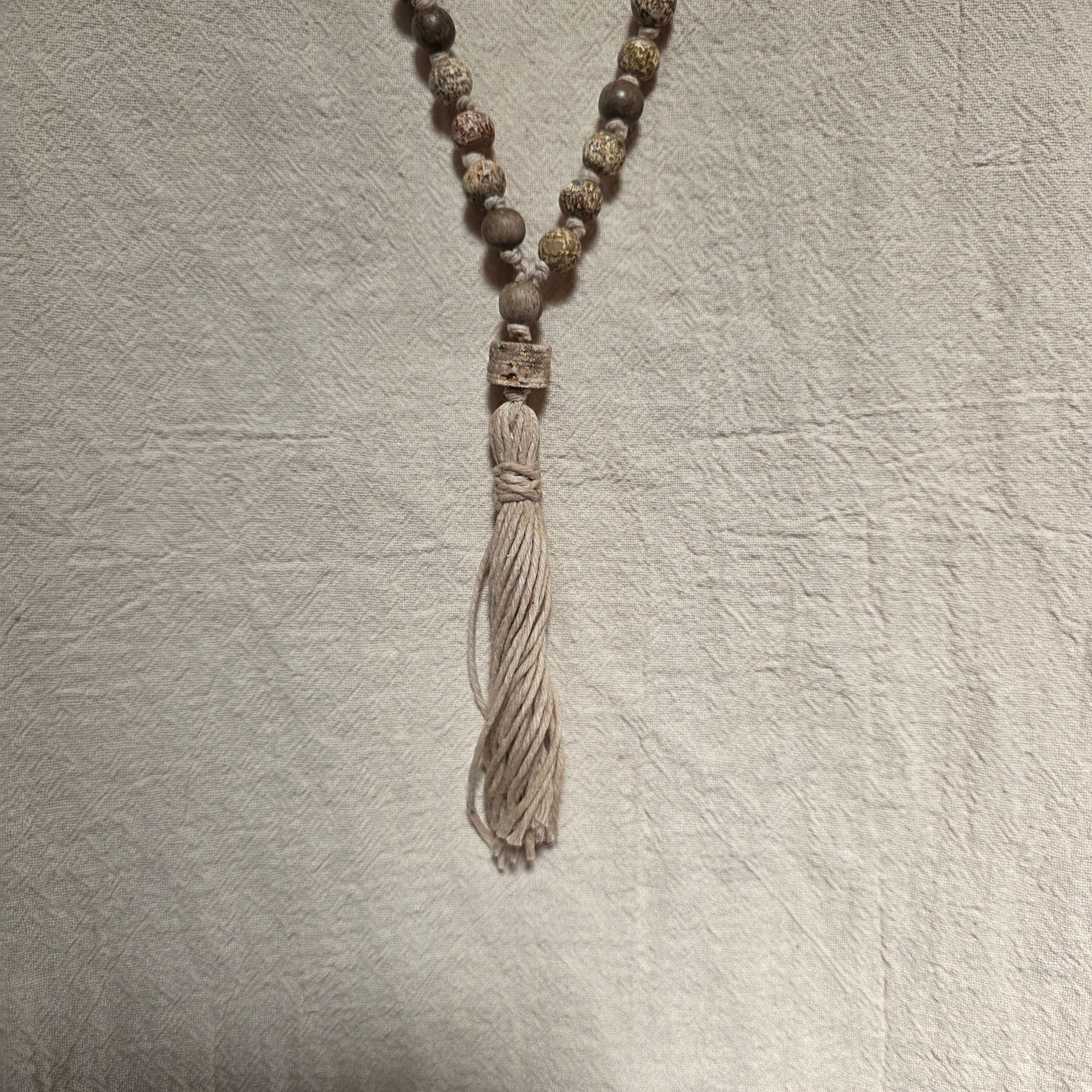 Tibetan Prayer Mala Bead Necklace with Crinoid