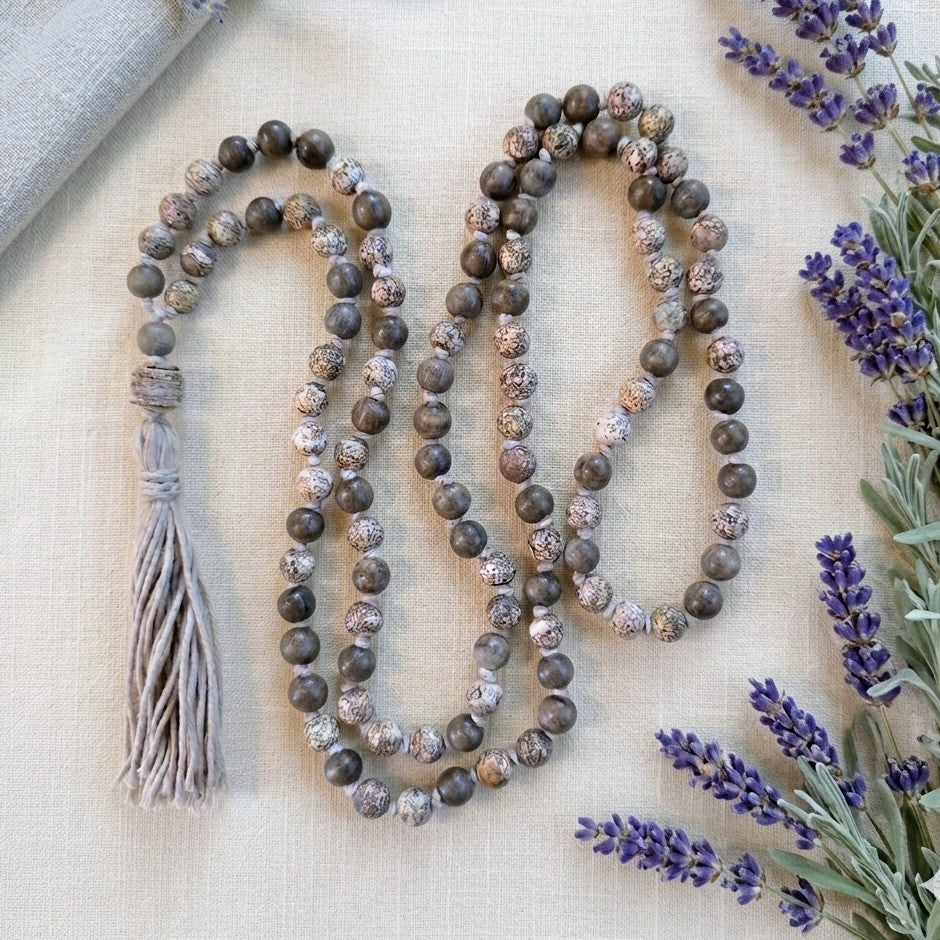 Tibetan Prayer Mala Bead Necklace with Crinoid